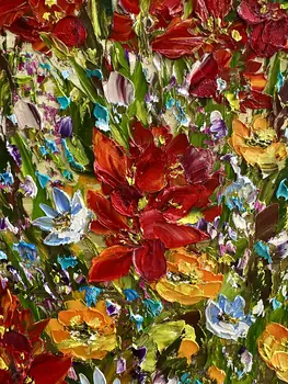 Detail of Canna showing textured impasto oil painting by Nataliia Soloviova.