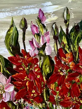 Detail of Canna showing textured impasto oil painting by Nataliia Soloviova.