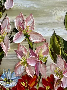 Detail of Canna showing textured impasto oil painting by Nataliia Soloviova.