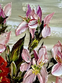 Detail of Canna showing textured impasto oil painting by Nataliia Soloviova.