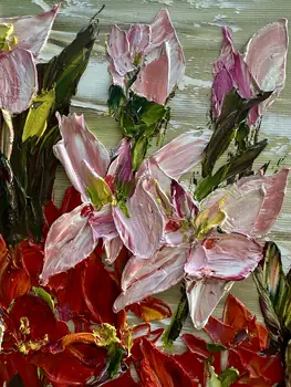 Detail of Canna showing textured impasto oil painting by Nataliia Soloviova.
