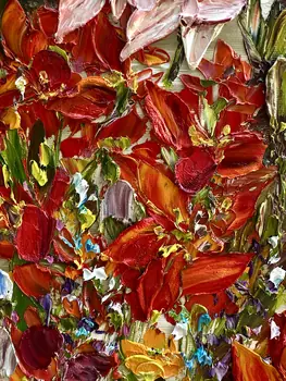 Detail of Canna showing textured impasto oil painting by Nataliia Soloviova.