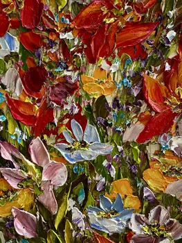 Detail of Canna showing textured impasto oil painting by Nataliia Soloviova.