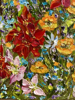 Detail of Canna showing textured impasto oil painting by Nataliia Soloviova.