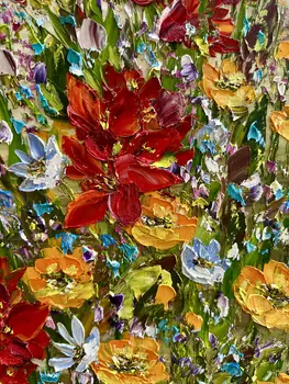 Detail of Canna showing textured impasto oil painting by Nataliia Soloviova.