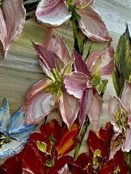 Detail of Canna showing textured impasto oil painting by Nataliia Soloviova.