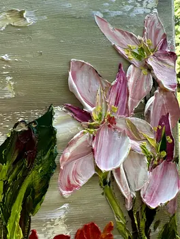 Detail of Canna showing textured impasto oil painting by Nataliia Soloviova.