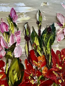 Detail of Canna showing textured impasto oil painting by Nataliia Soloviova.