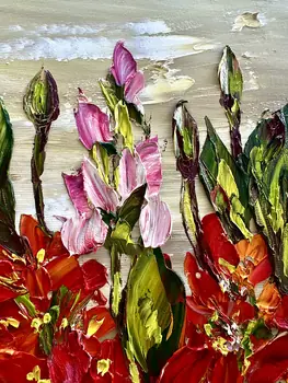 Detail of Canna showing textured impasto oil painting by Nataliia Soloviova.