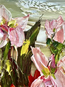 Detail of Canna showing textured impasto oil painting by Nataliia Soloviova.