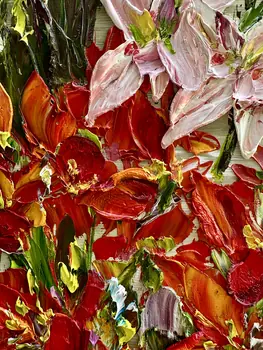 Detail of Canna showing textured impasto oil painting by Nataliia Soloviova.