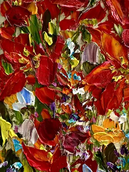 Detail of Canna showing textured impasto oil painting by Nataliia Soloviova.