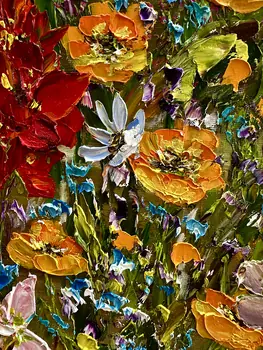 Detail of Canna showing textured impasto oil painting by Nataliia Soloviova.