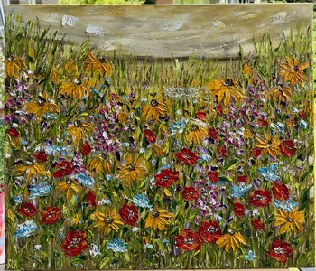Detail of Dance Of Warm Petals showing textured impasto oil painting by Nataliia Soloviova.