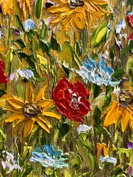 Detail of Dance Of Warm Petals showing textured impasto oil painting by Nataliia Soloviova.