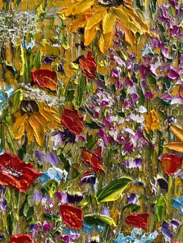 Detail of Dance Of Warm Petals showing textured impasto oil painting by Nataliia Soloviova.