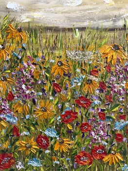 Detail of Dance Of Warm Petals showing textured impasto oil painting by Nataliia Soloviova.