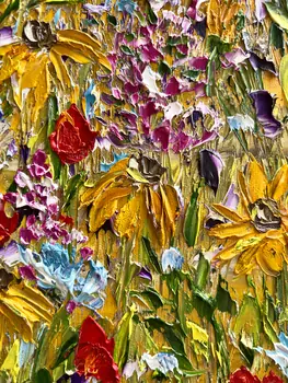 Detail of Dance Of Warm Petals showing textured impasto oil painting by Nataliia Soloviova.