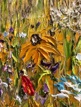 Detail of Dance Of Warm Petals showing textured impasto oil painting by Nataliia Soloviova.