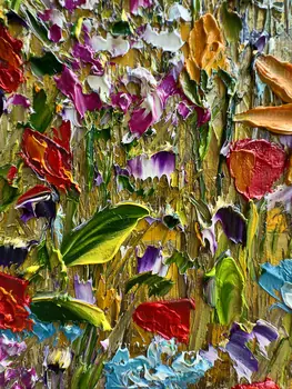 Detail of Dance Of Warm Petals showing textured impasto oil painting by Nataliia Soloviova.