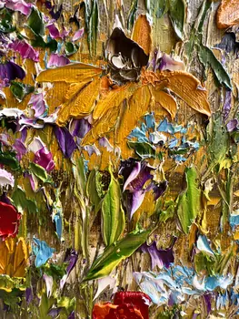 Detail of Dance Of Warm Petals showing textured impasto oil painting by Nataliia Soloviova.
