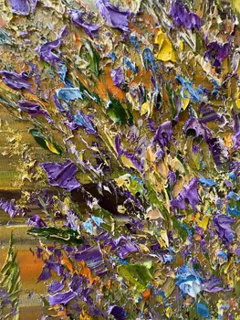 Detail of Field Bells showing textured impasto oil painting by Nataliia Soloviova.