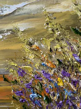Detail of Field Bells showing textured impasto oil painting by Nataliia Soloviova.