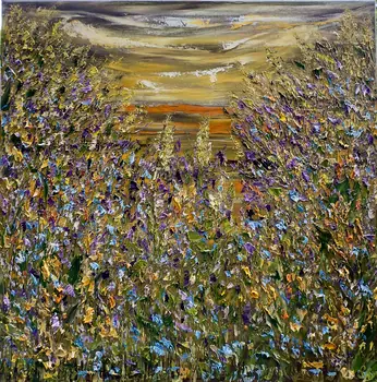 Detail of Field Bells showing textured impasto oil painting by Nataliia Soloviova.