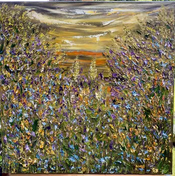 Detail of Field Bells showing textured impasto oil painting by Nataliia Soloviova.