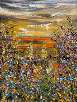 Detail of Field Bells showing textured impasto oil painting by Nataliia Soloviova.