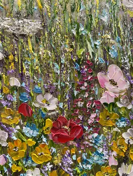 Detail of Flower Dew showing textured impasto oil painting by Nataliia Soloviova.