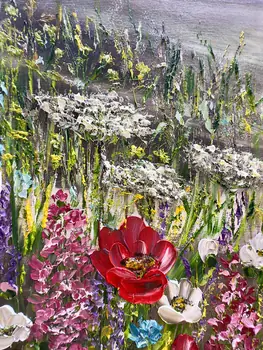Detail of Flower Dew showing textured impasto oil painting by Nataliia Soloviova.