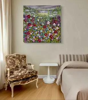 Detail of Flower Dew showing textured impasto oil painting by Nataliia Soloviova.