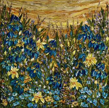 Irises original wildflower oil painting on canvas with impasto texture by Nataliia Soloviova
