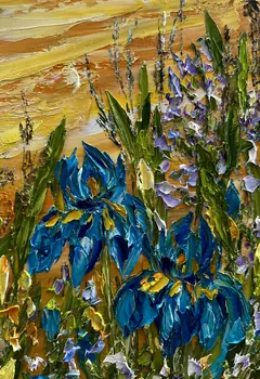 Detail of Irises showing textured impasto oil painting by Nataliia Soloviova.