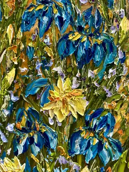 Detail of Irises showing textured impasto oil painting by Nataliia Soloviova.