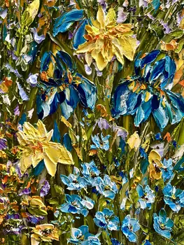 Detail of Irises showing textured impasto oil painting by Nataliia Soloviova.