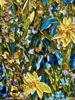 Detail of Irises showing textured impasto oil painting by Nataliia Soloviova.