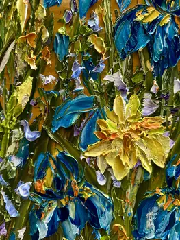 Detail of Irises showing textured impasto oil painting by Nataliia Soloviova.