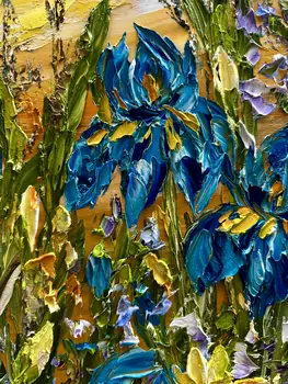 Detail of Irises showing textured impasto oil painting by Nataliia Soloviova.