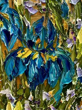 Detail of Irises showing textured impasto oil painting by Nataliia Soloviova.