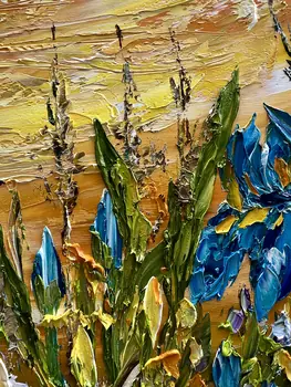 Detail of Irises showing textured impasto oil painting by Nataliia Soloviova.