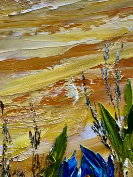 Detail of Irises showing textured impasto oil painting by Nataliia Soloviova.