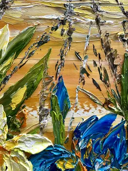 Detail of Irises showing textured impasto oil painting by Nataliia Soloviova.