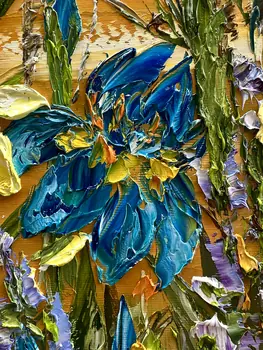 Detail of Irises showing textured impasto oil painting by Nataliia Soloviova.