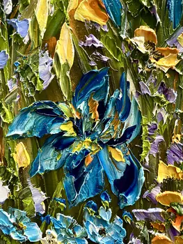 Detail of Irises showing textured impasto oil painting by Nataliia Soloviova.
