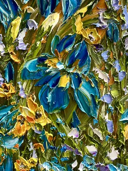 Detail of Irises showing textured impasto oil painting by Nataliia Soloviova.