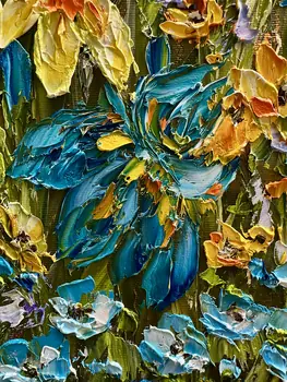 Detail of Irises showing textured impasto oil painting by Nataliia Soloviova.