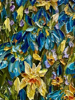 Detail of Irises showing textured impasto oil painting by Nataliia Soloviova.
