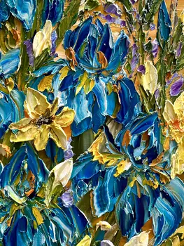 Detail of Irises showing textured impasto oil painting by Nataliia Soloviova.